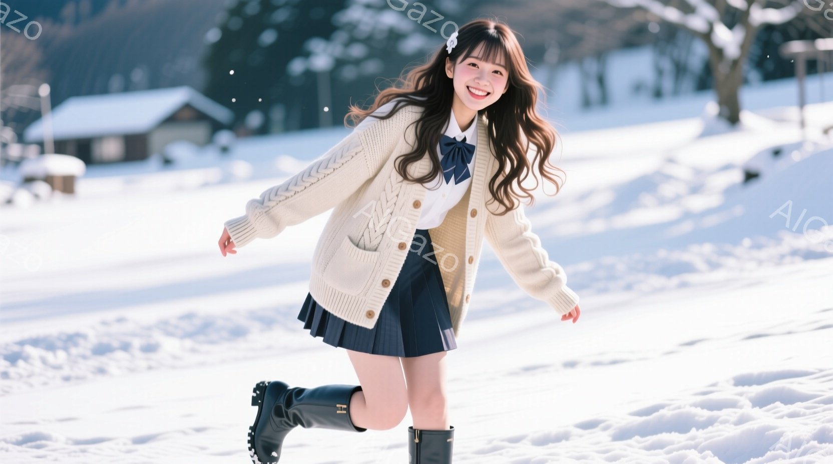 雪景色の中、制服姿の女性が右方向に走り出している。オフホワイトのケーブルニットカーディガンにネイビーのスカート、ロングブーツを履き、明るい笑顔を見せている。背景には雪に覆われた木々と可愛らしいコテージが見え、冬の暖かく希望に満ちた雰囲気を醸し出している。