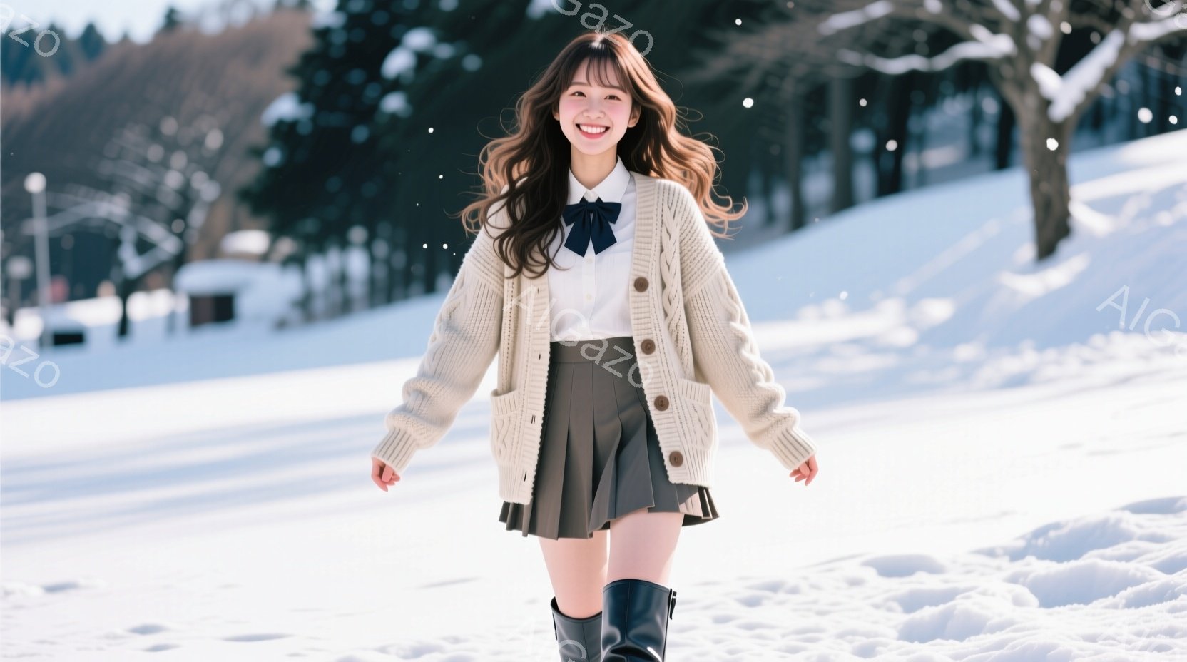 長い茶髪をセンターパートにした女性が、白いセーターカーディガン、白いシャツ、ネイビーのスカート、黒いブーツを着用し、雪景色の中を笑顔で歩いている。彼女は両手を少し広げ、リラックスした姿勢で前を見ている - AI生成フリー素材