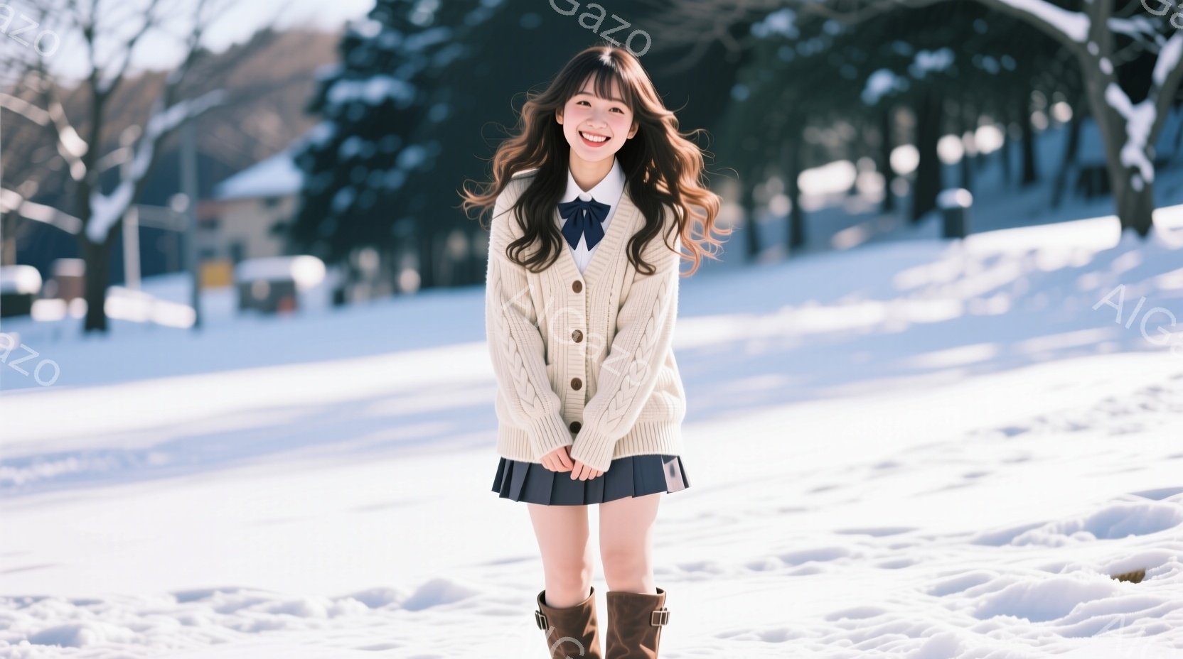 画像には、冬の雪景色の中で、制服を着た若い女性が立っています。彼女はクリーム色のカーディガン、白いシャツ、濃い青色のリボン、そして膝丈のプリーツスカートと茶色のブーツを履いています。彼女は笑顔で、少し - AI生成フリー素材
