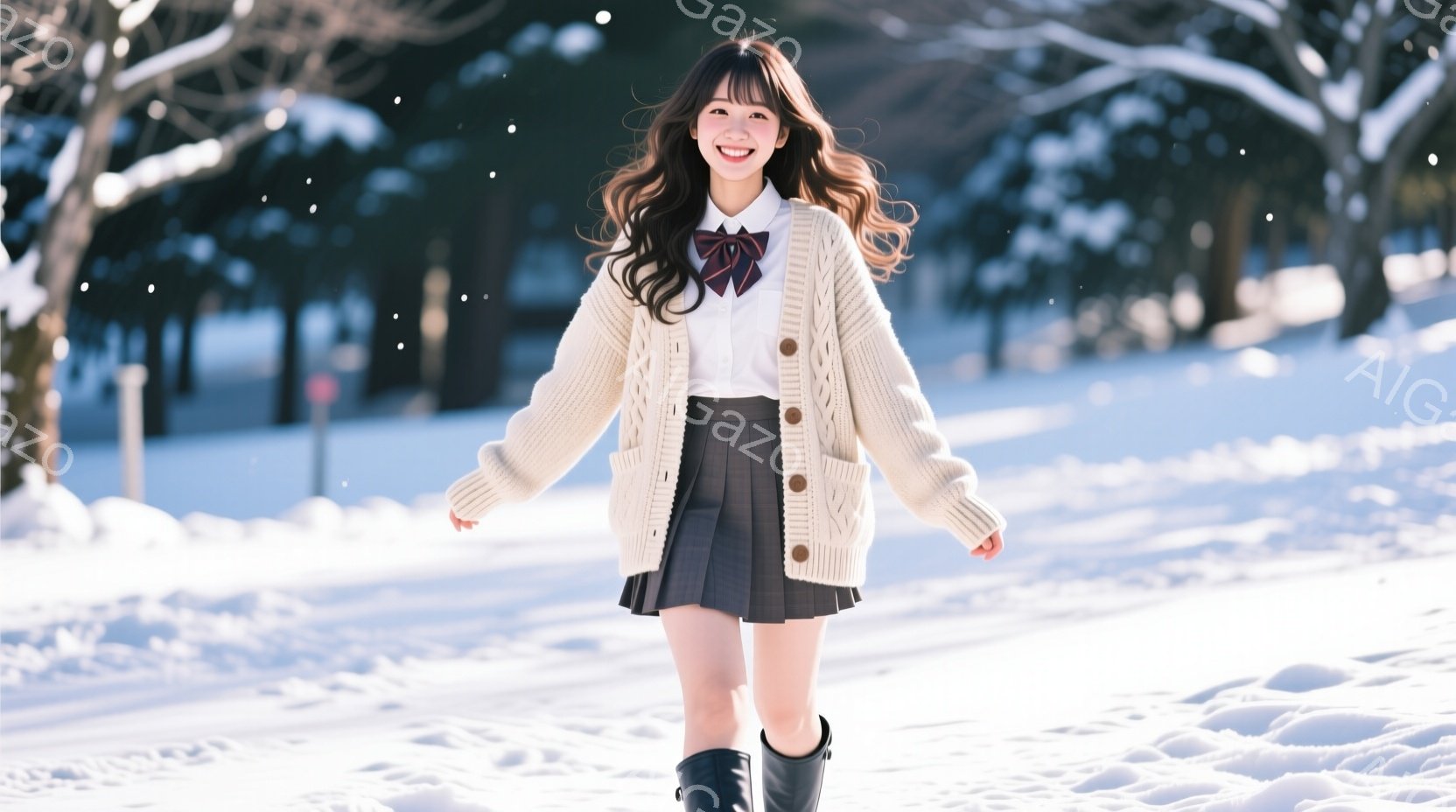 雪景色の中、女子高生が笑顔で歩いている。白いセーター、チェック柄のスカート、黒いニーハイブーツ、そして赤いリボンが特徴的な制服を着ている。背景には雪で覆われた木々と、ぼんやりと見える建物があり、全体的に暖かく明るい雰囲気が漂っている。