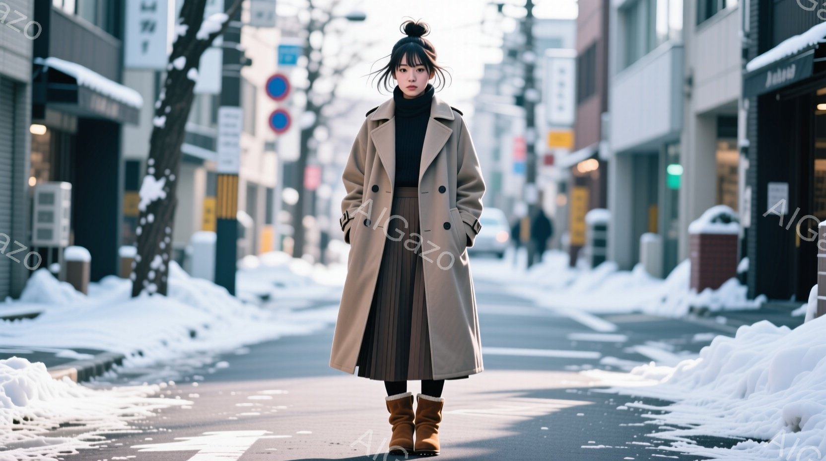 長いベージュ色のコートを羽織った女性が、道路の中央に立っている。彼女は黒いハイネックセーターと、茶色のプリーツスカート、そして茶色のブーツを履いている。背景には雪に覆われた建物や道路が見え、冬の穏やか - AI生成フリー素材