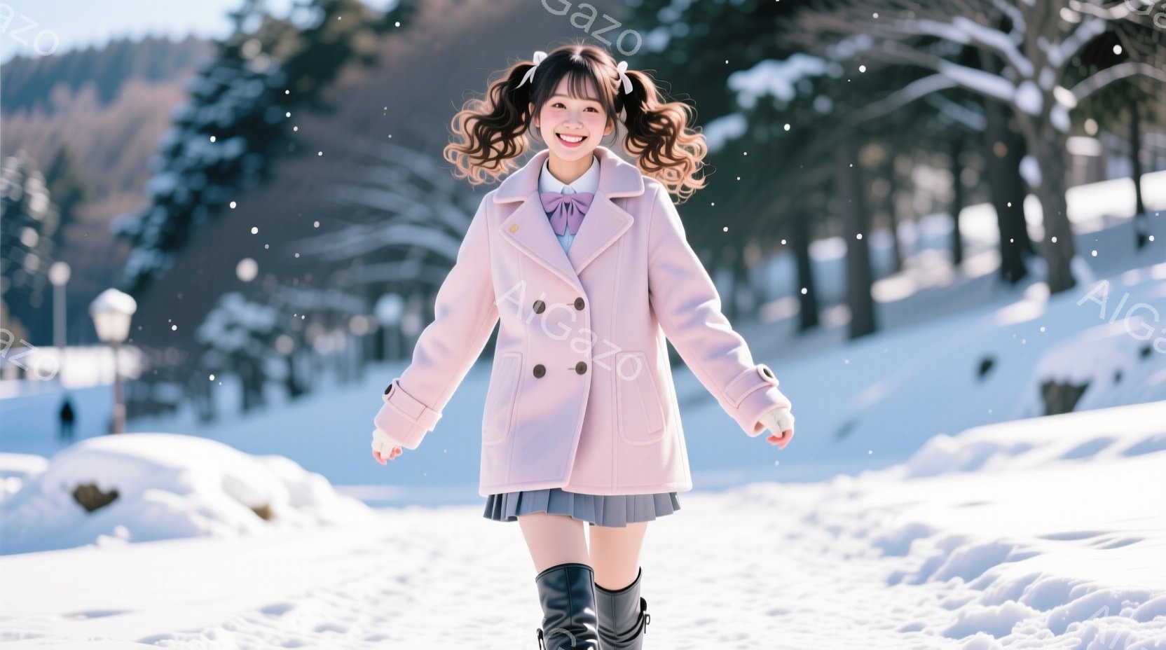 雪景色の中、ピンク色のコートを着た少女が歩いている。彼女は膝丈のプリーツスカートと黒いブーツを履き、髪をハーフアップにして笑顔を見せている。背景には雪に覆われた木々と、遠くに見える建物があり、明るく可 - AI生成フリー素材