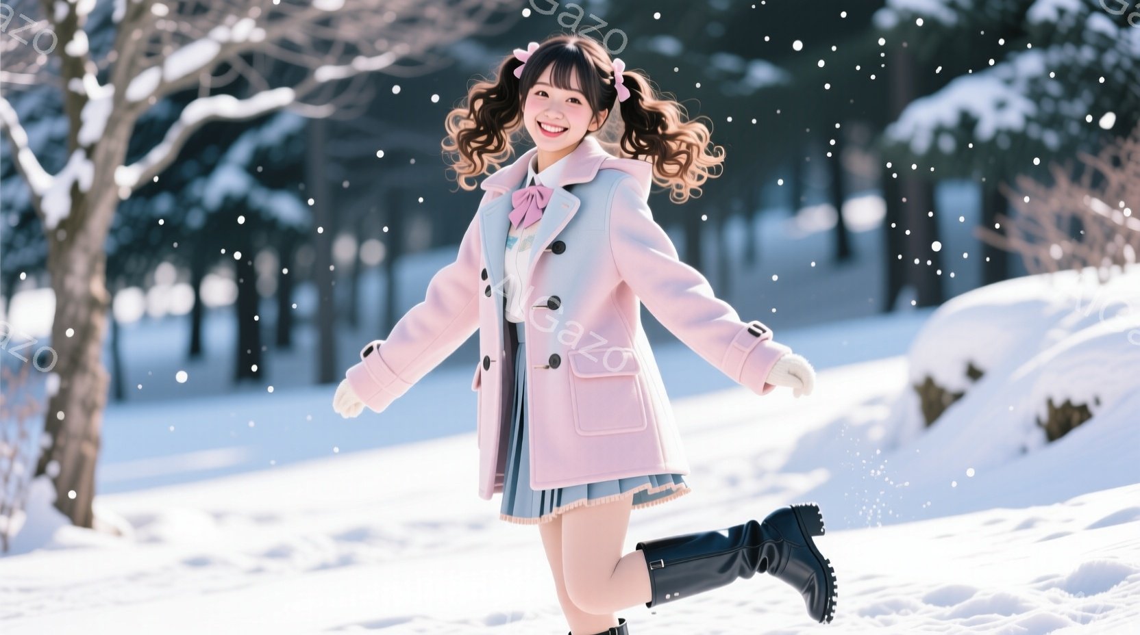 少女は雪景色の中でピンク色のコートと水色のスカートを身につけ、嬉しそうに駆け出している。彼女は髪をハーフアップにし、顔には笑顔が溢れ、白い手袋と黒いブーツを履いている。背景には雪に覆われた木々と白い雪 - AI生成フリー素材