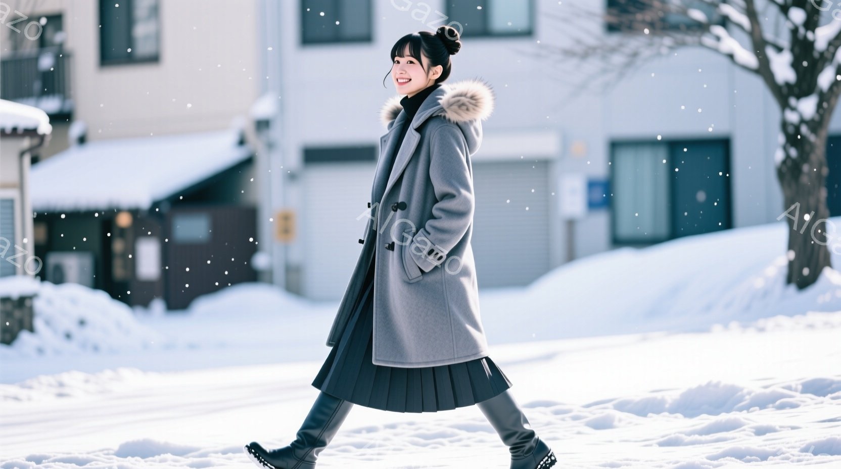 灰色のウールコートを着た女性が、雪道の中を歩いています。彼女は黒いプリーツスカートとブーツを履き、髪を後ろでまとめ、微笑んでいます。背景には雪に覆われた建物や木々が見え、冬の穏やかな雰囲気が漂っています。