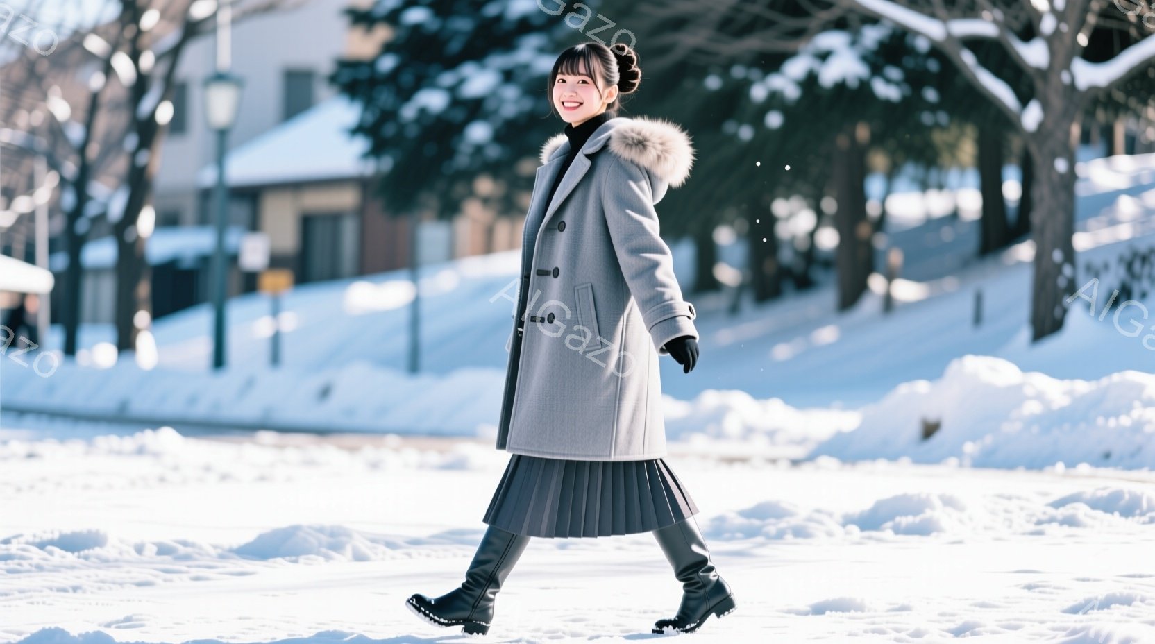 画像には、雪景色の中で歩く若い女性が写っています。彼女はグレーのファー付きコート、プリーツスカート、黒いブーツを着用し、髪は後ろでまとめられています。背景には雪に覆われた建物や木々が見え、晴れた冬の日 - AI生成フリー素材