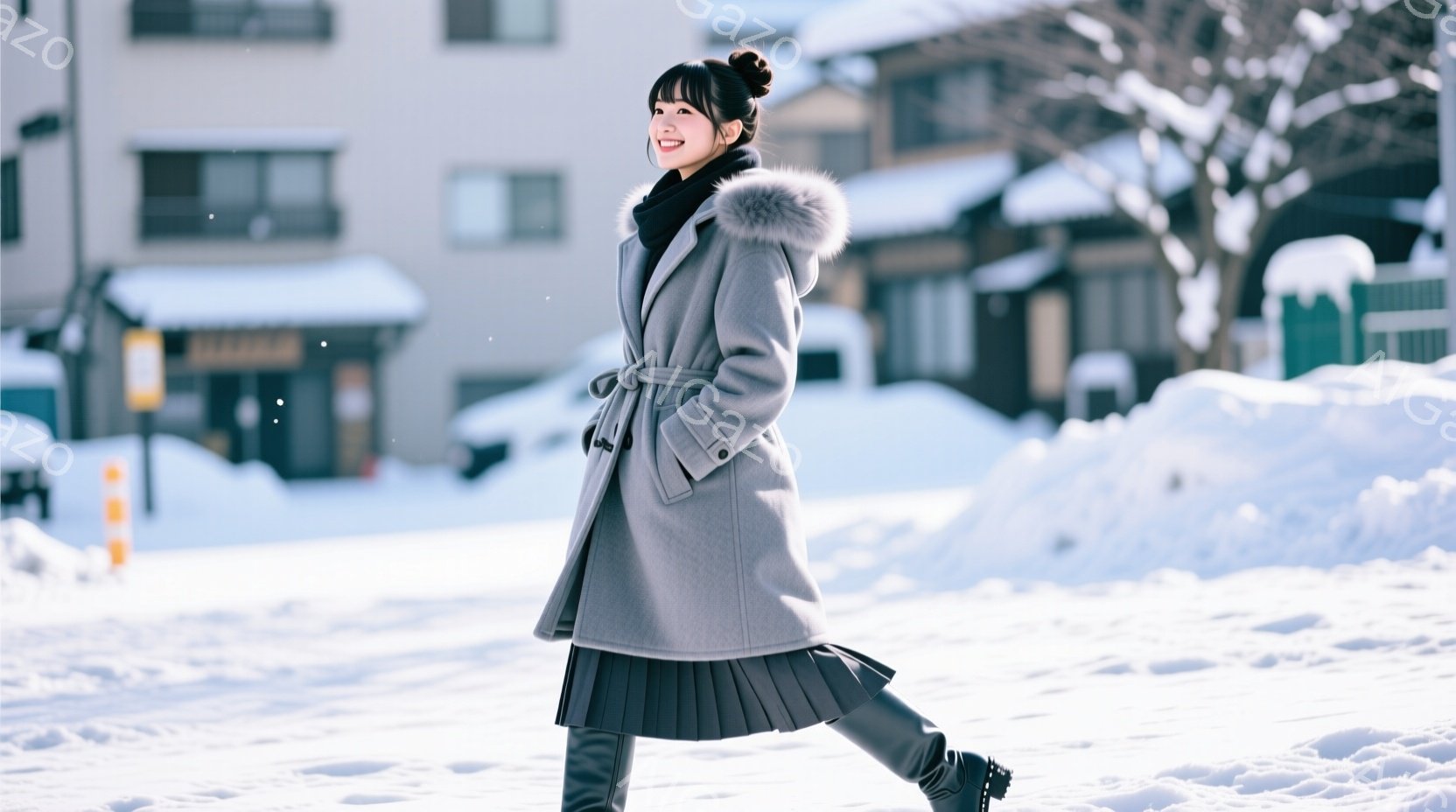 長い灰色のコートを着た女性が雪景色の中を歩いています。彼女は黒いスカートとブーツを履き、髪は後ろでまとめられています。背景には白い建物と雪に覆われた風景が広がり、冬の静かで穏やかな雰囲気が漂っています。