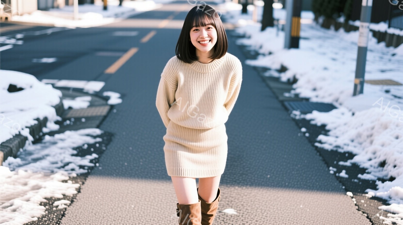 画像には、ベージュ色のニットワンピースとブラウンのブーツを履いた若い女性が写っています。彼女は少し微笑んでおり、前を見据えています。背景には、雪が残る道路と歩道、そして住宅地が見え、冬の穏やかな日差しが感じられます。