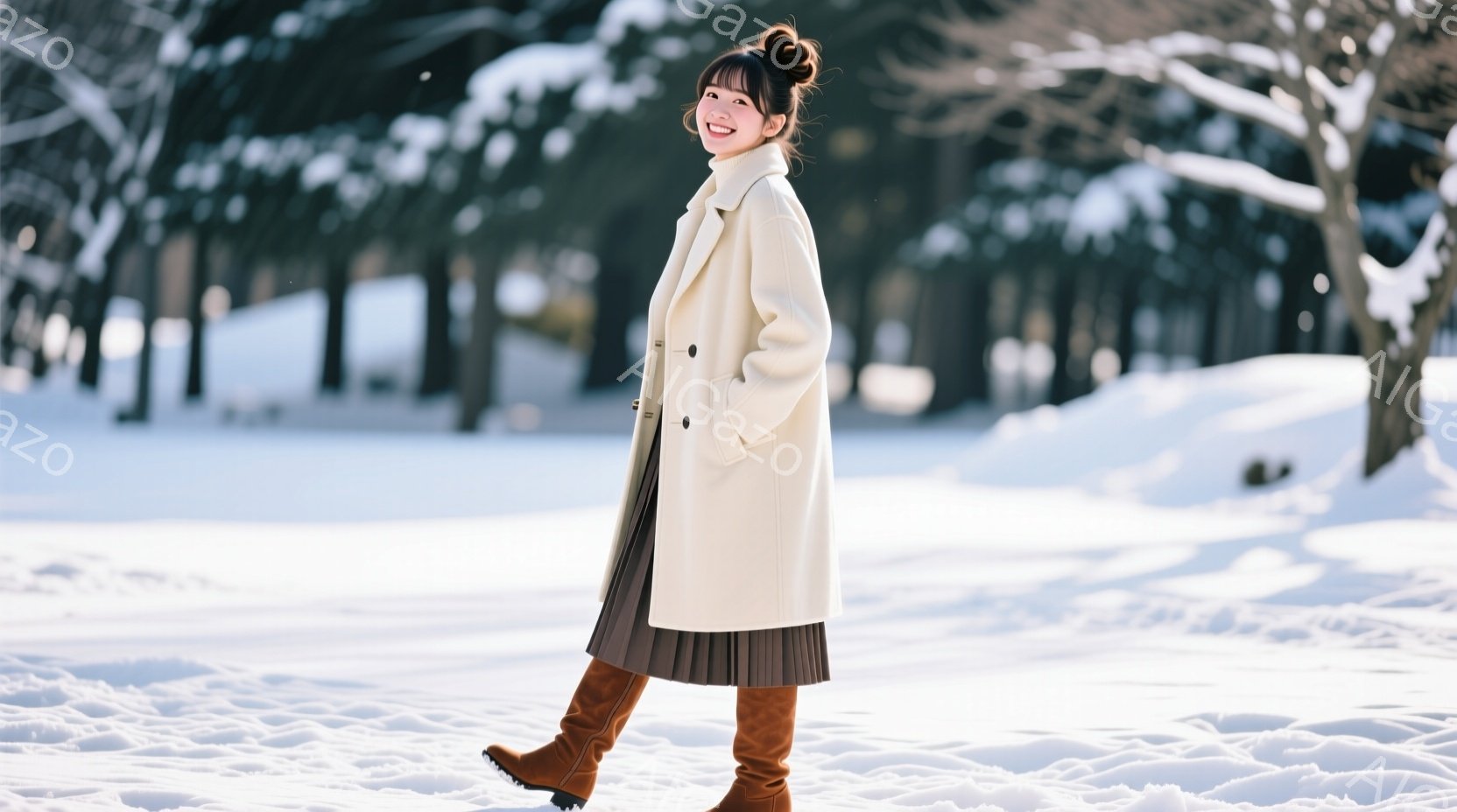 白いオーバーサイズのコートを着た女性が、茶色のプリーツスカートとブーツを履いて雪の中を歩いている。彼女は微笑んでおり、髪は後ろでまとめて、冬の暖かな雰囲気を醸し出している。背景には雪に覆われた木々があ - AI生成フリー素材
