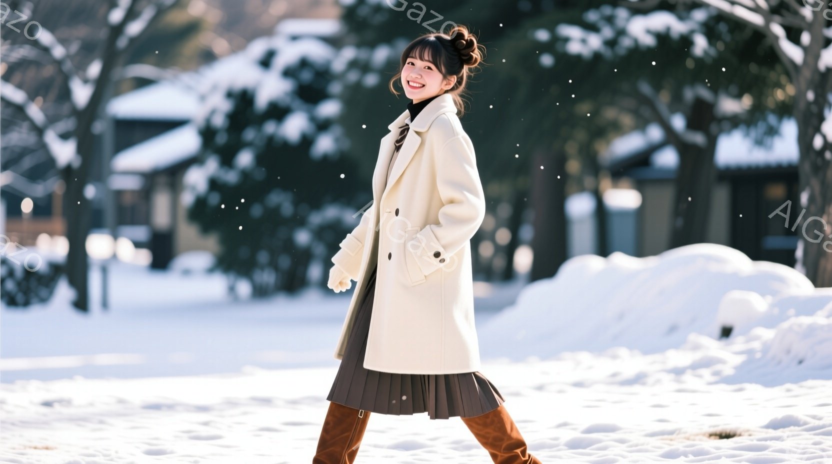 白いロングコートを着た女性が、雪景色の中を歩いている。彼女は茶色のスカートとブーツを履き、髪を後ろでまとめている。背景には雪に覆われた建物と木々が見え、冬の穏やかな雰囲気が漂っている。 - AI生成フリー素材