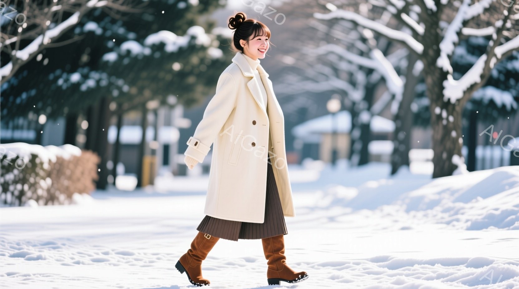白いロングコートを着た女性が雪景色の中を歩いている。彼女は茶色の膝丈ブーツと、同色のプリーツスカートを合わせ、髪を高くまとめて微笑んでいる。背景には雪を被った木々と建物があり、全体的に暖かく、冬の穏や - AI生成フリー素材