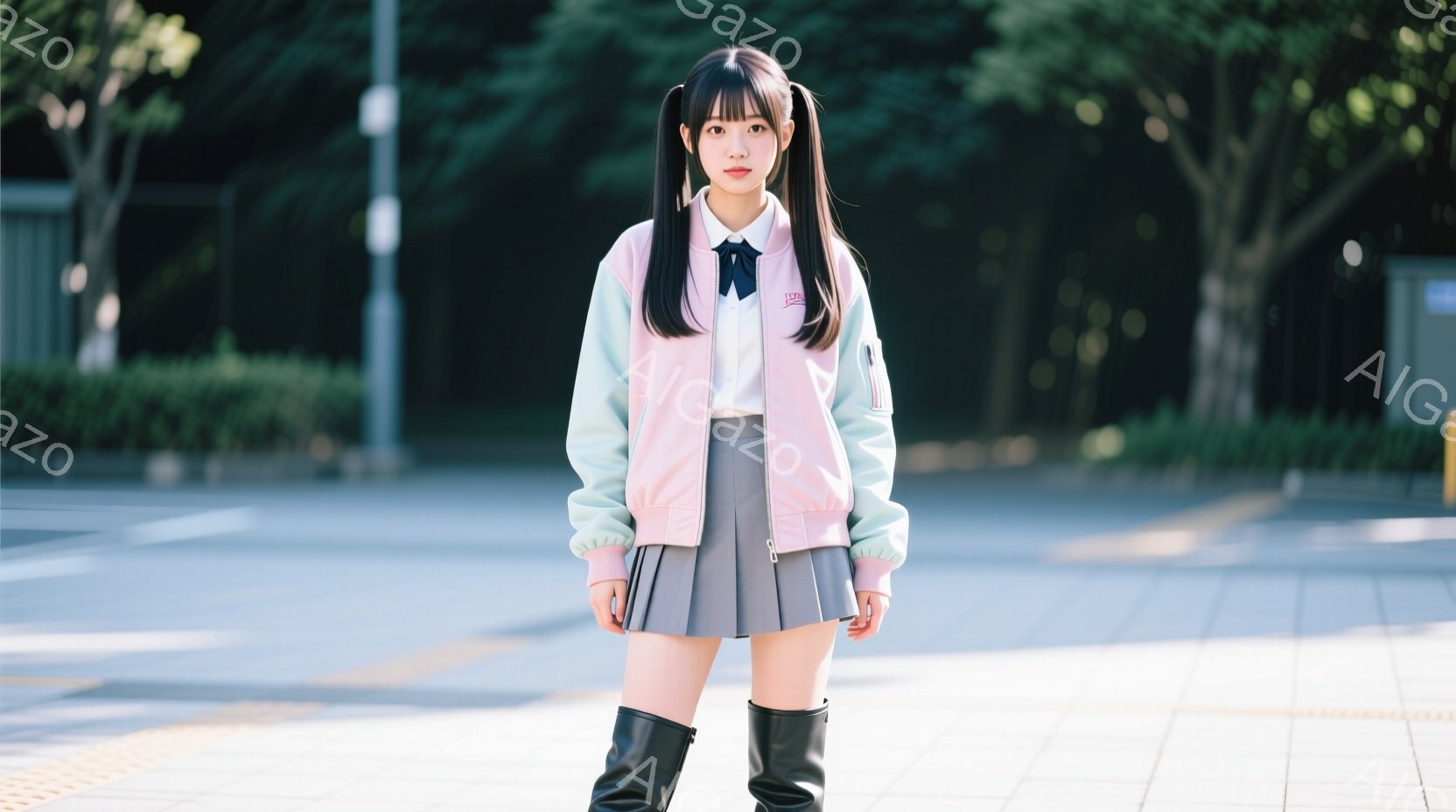 明るい日差しの中、若い女性が立っている。ピンクとグリーンのジャケットにプリーツスカート、黒のブーツを履き、髪はツインテールにしている。背景には緑豊かな木々と歩道が広がり、彼女は自信を持ってカメラを見つ - AI生成フリー素材