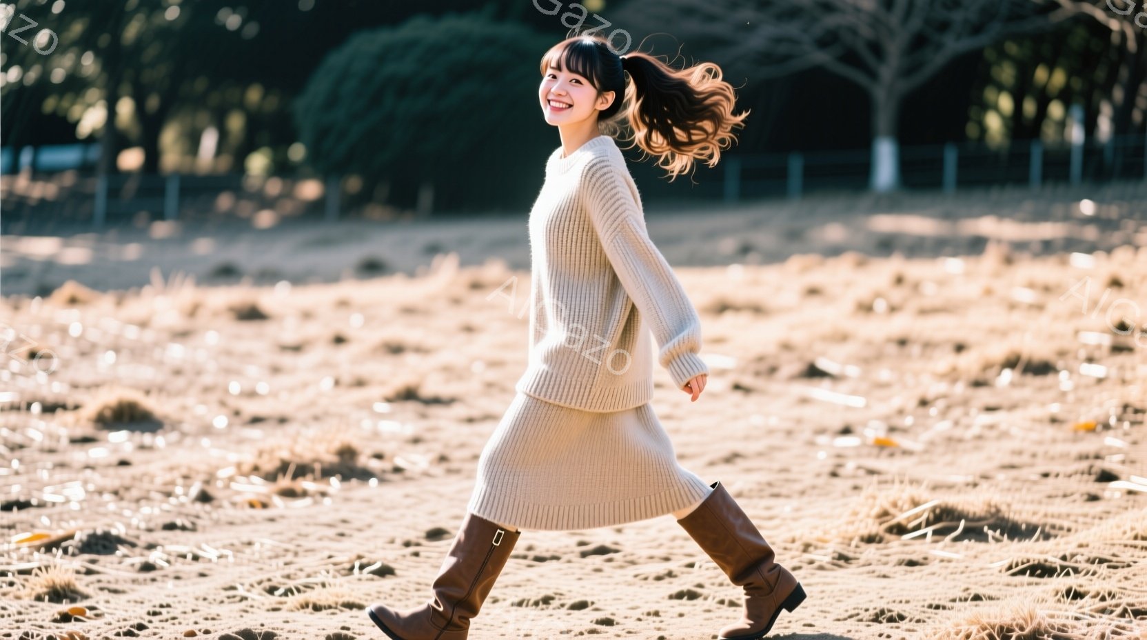 長い茶色の髪を後ろで一つに結んだ女性が、ベージュのニットのワンピースとブーツを履いて砂地の地面を歩いている。彼女は笑顔で、リラックスした雰囲気で歩いている様子が伺える。背景には木々が見え、晴れた日の穏やかな自然の中で撮影された写真であることがわかる。