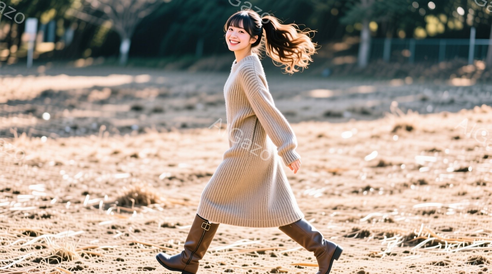 茶色のニットワンピースに茶色のブーツを履いた女性が、屋外を歩いている様子が写っています。彼女は髪を高くポニーテールにしており、笑顔で少し横を向いています。背景には乾いた草地と木々が見え、穏やかな日差し - AI生成フリー素材