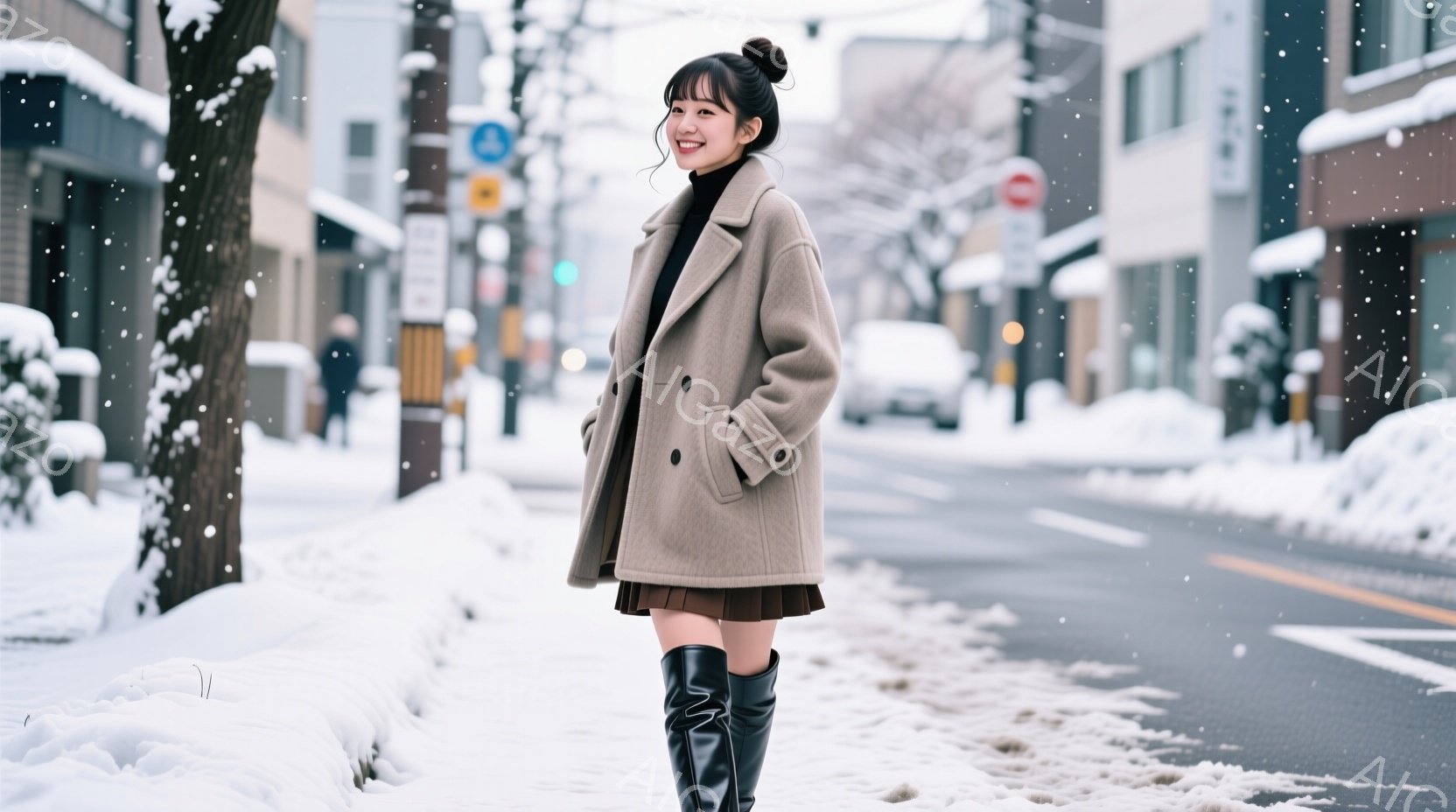画像には、ベージュのオーバーコートにダークブラウンのスカート、黒いニーハイブーツを履いた女性が写っています。彼女は軽く微笑み、リラックスした姿勢でカメラの方を見ています。背景は雪景色で、道路や建物が雪 - AI生成フリー素材