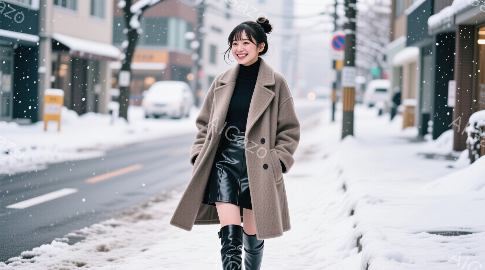 長い茶色のコートを着た女性が、黒いミニスカートとニーハイブーツを履いて雪の降る街路に立っている。彼女は笑顔でカメラを見つめ、少し前かがみの姿勢で、冬の装いと明るい表情が印象的だ。背景には雪に覆われた建 - AI生成フリー素材