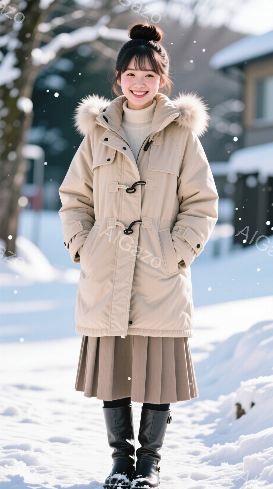 モデルは、クリーム色のフード付きダウンジャケットと、プリーツのミディスカート、そして黒のブーツを着用しています。彼女は微笑んでおり、髪を高くまとめています。背景には雪景色が広がり、建物の一部が見えます。