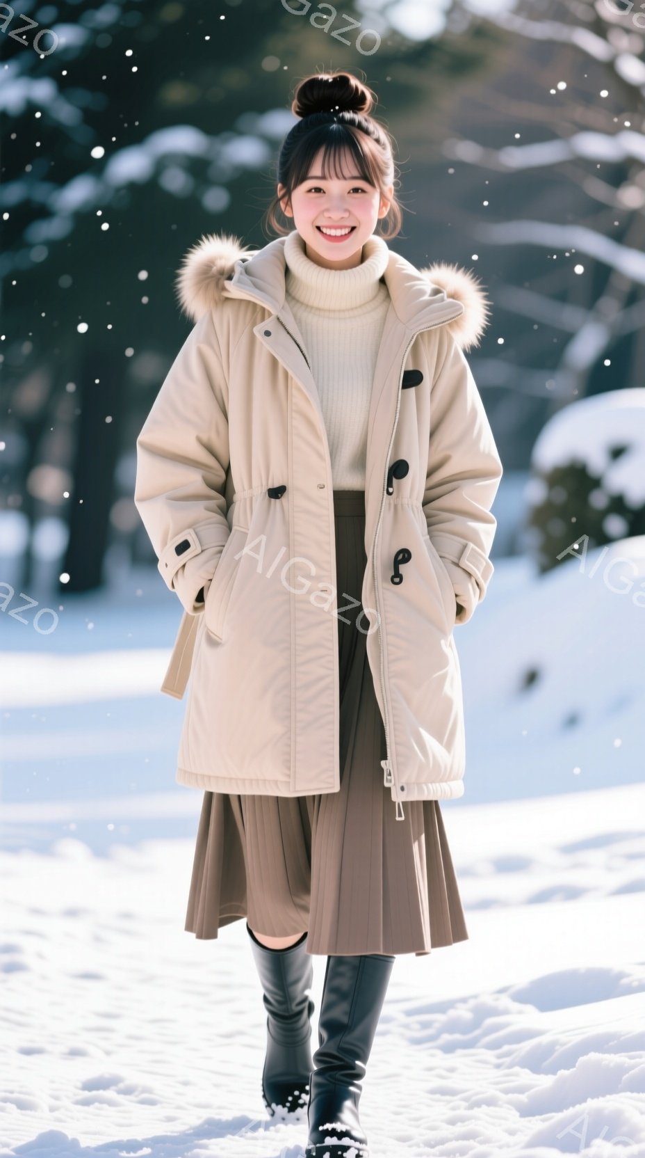 長い茶色のプリーツスカートと白いセーターを着て、オフホワイトのファー付きダウンジャケットを着た若い女性が写っています。彼女は髪を高くまとめ、満面の笑みを浮かべて正面を見つめており、黒いブーツを履いています。背景は雪景色で、木々が見え、全体的に明るく温かい雰囲気です。
