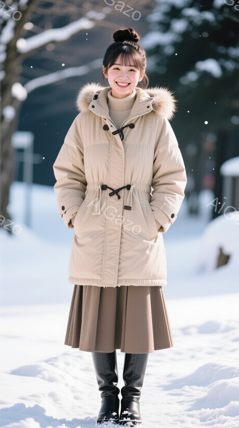 画像には、雪景色の中で微笑む若い女性が写っています。彼女はクリーム色のファー付きのダウンジャケット、茶色のプリーツスカート、黒いニーハイブーツを着用し、髪を高くまとめています。背景は雪に覆われた木々とわずかに見える建物で、全体的に暖かく穏やかな雰囲気が漂っています。