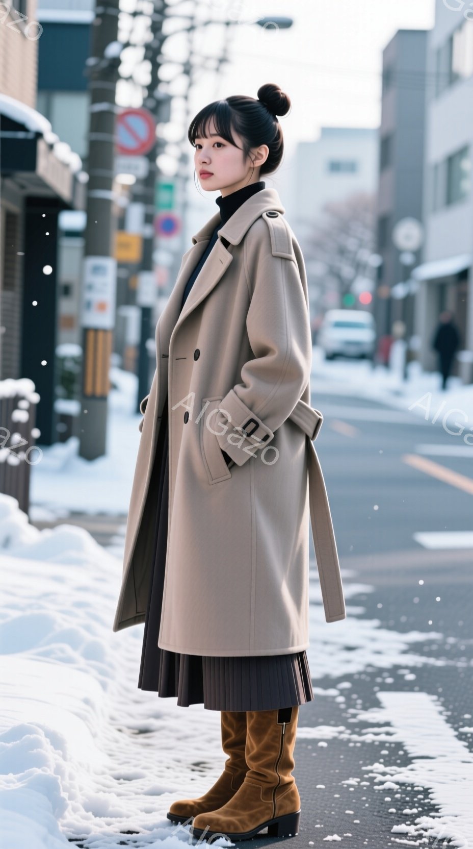 モデルはベージュ色のロングコート、黒のプリーツスカート、茶色のブーツを着用し、横向きに立っています。彼女は黒髪を後ろでまとめたヘアスタイルで、少し厳しい表情をしています。背景には雪が積もった道路と建物があり、冬の寒々とした雰囲気が漂っています。