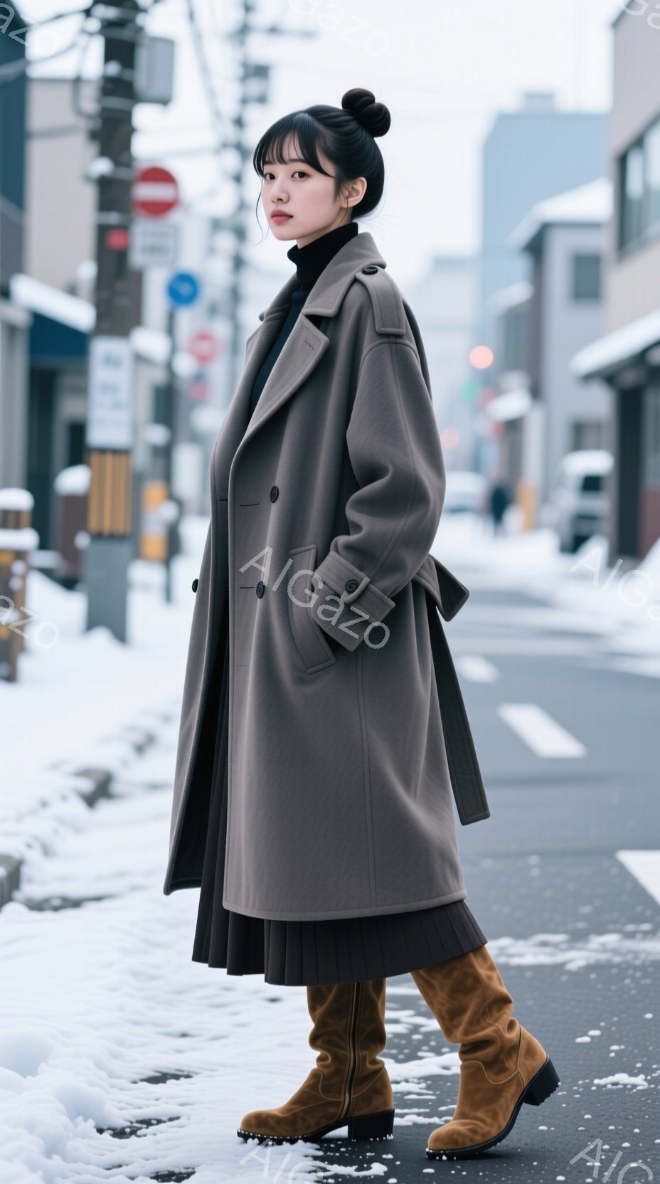 画像には、灰色のロングコートを着て、膝丈の黒いプリーツスカートとスエードのブラウンのロングブーツを履いた女性が写っています。彼女は髪を後ろでまとめ、表情は穏やかで落ち着いています。背景には雪が積もった - AI生成フリー素材