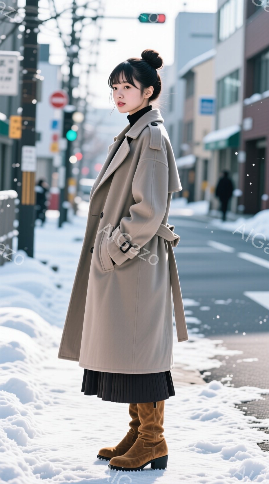 画像には、ベージュ色のロングコートを羽織った女性が写っています。彼女は黒いスカートとスエード調の膝丈ブーツを履き、髪をきっちりと後ろでまとめたヘアスタイルで、落ち着いた表情をしています。背景には雪が積もった道路と建物があり、冬の街並みが広がっています。