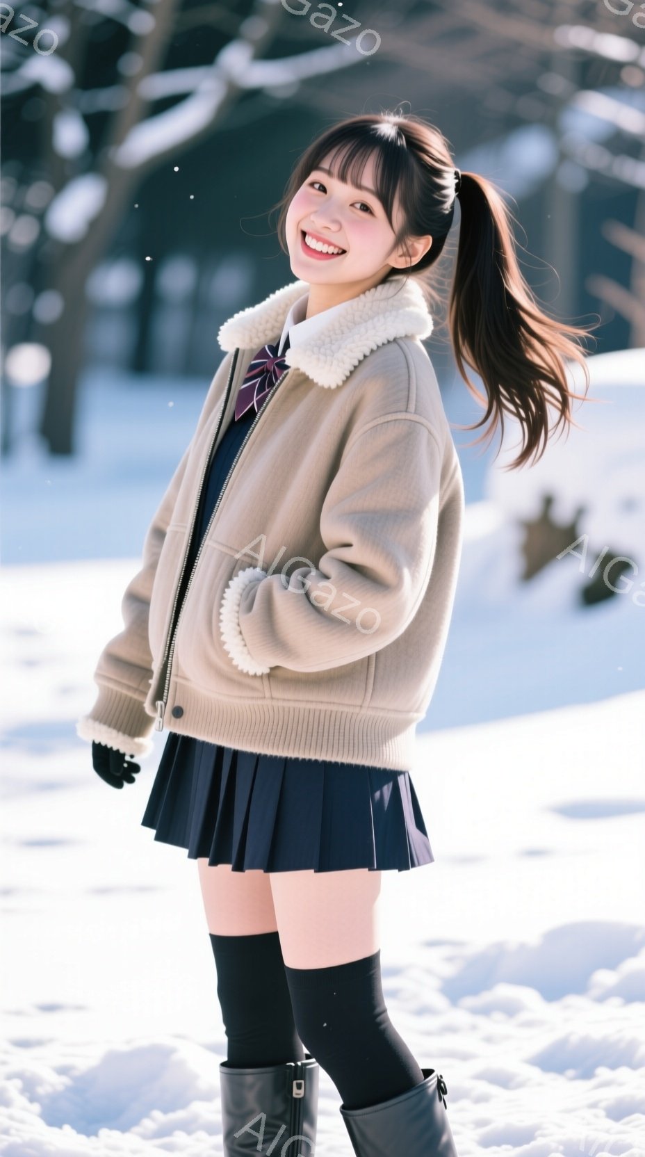 画像には、冬の雪景色の中で微笑む若い女性が写っています。彼女はネイビーのプリーツスカート、黒いタイツ、そして白いファーカラーのついたベージュのジャケットを着用し、髪はポニーテールに結んでいます。背景に - AI生成フリー素材