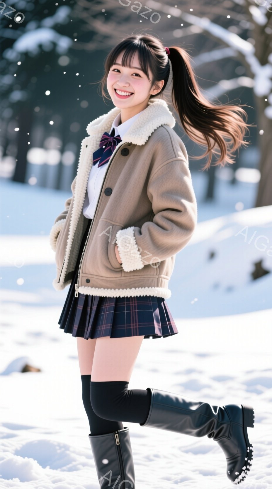 雪景色の中、制服を着た若い女性が正面を向いて立っている。彼女は明るい笑顔で、茶色の毛髪をポニーテールにし、黒いニーハイソックスとブーツを履いている。背景は雪に覆われた木々と白い景色で、全体的に明るく活 - AI生成フリー素材