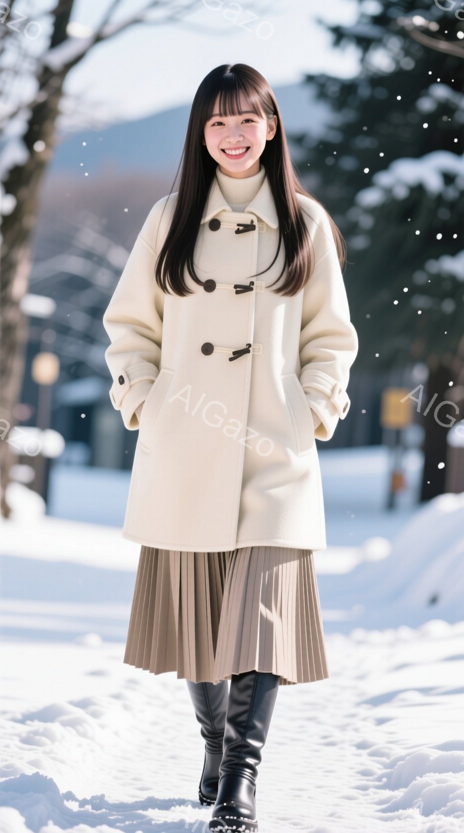 画像には、雪景色の中、クリーム色のオーバーサイズコートとベージュのプリーツスカート、黒いブーツを履いた女性が写っています。彼女は微笑んでおり、姿勢は自然でリラックスしています。背景には、雪に覆われた木 - AI生成フリー素材