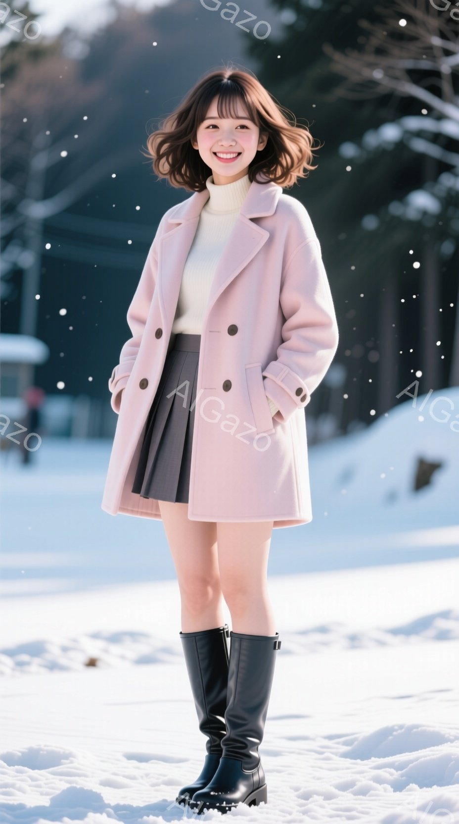 若い女性が雪景色の中で立っています。彼女はピンク色のコート、白いセーター、黒いプリーツスカート、そして黒いロングブーツを身に着けており、微笑んでカメラを見ています。背景には雪に覆われた木々と建物が見え - AI生成フリー素材