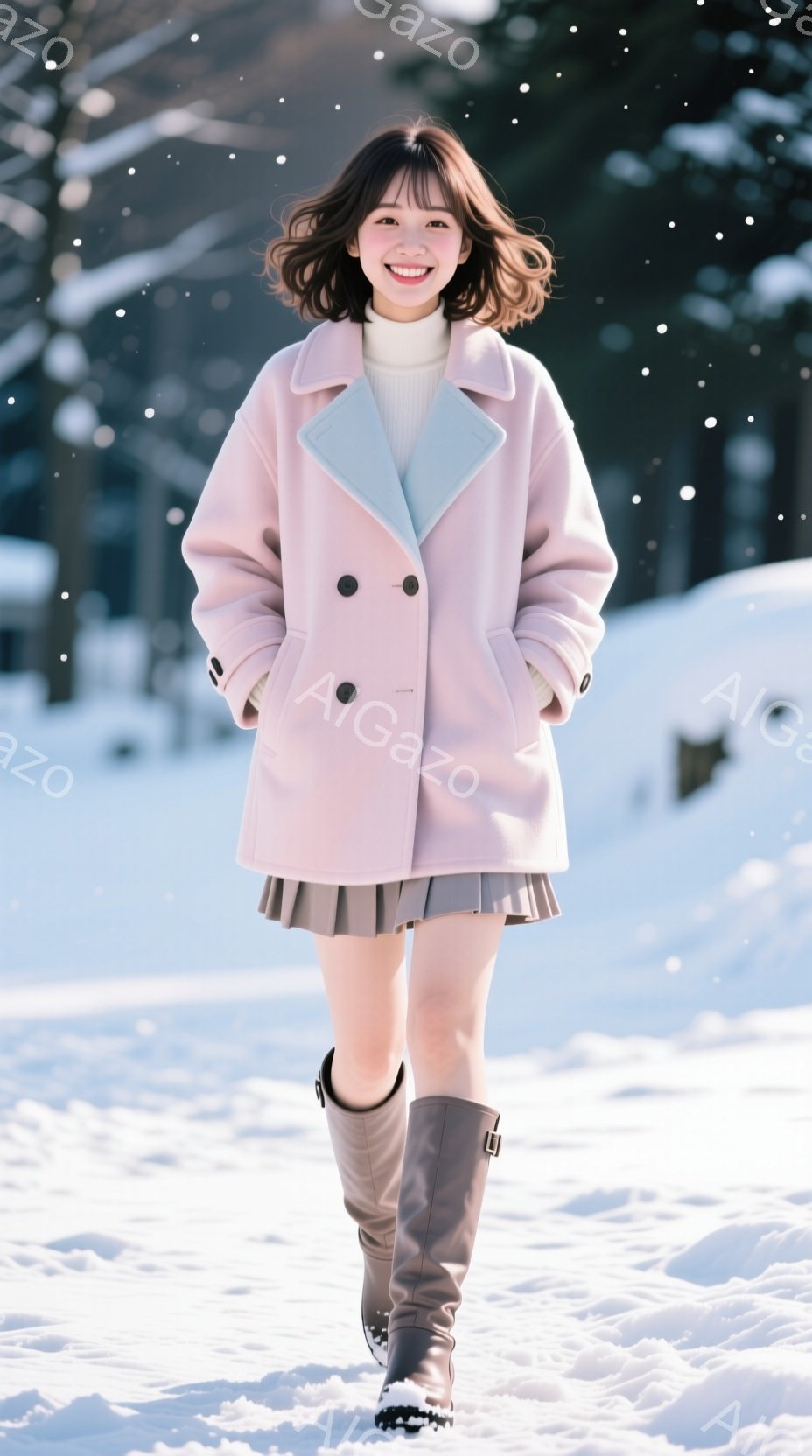 ピンク色のオーバーコートと短いプリーツスカートを身につけた若い女性が、雪景色の中を歩いている。彼女は明るい笑顔を見せ、茶色のブーツを履いている。背景には雪に覆われた木々と建物が見え、冬の暖かく穏やかな - AI生成フリー素材