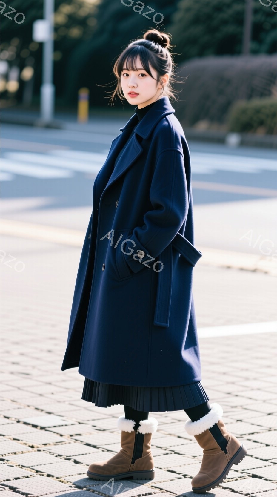 深い青色のオーバーサイズコートを羽織った女性が立っています。黒いプリーツスカートと、ファーがアクセントのブーツを履き、ヘアスタイルは前髪を出し、後ろでまとめたハーフアップです。背景には道路と建物が見え - AI生成フリー素材