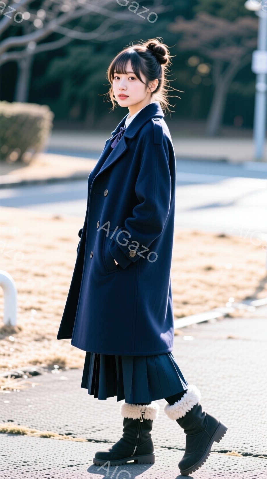 深い紺色のコートを着た若い女性が、黒のプリーツスカートとブーツを履いて立っています。彼女は髪を高くまとめ、わずかに微笑んでおり、冬の晴れた日に屋外で撮影されたようです。背景には道路、木々、そして薄暗い - AI生成フリー素材