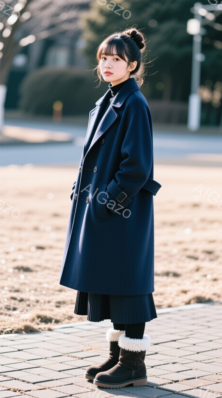 画像には、濃い紺色のピーコートを着て、黒いプリーツスカートと、ふわふわの白い縁取りのある黒いブーツを履いた若い女性が写っています。彼女は髪を後ろでまとめ、わずかに微笑んでおり、横向きの姿勢で立っていま - AI生成フリー素材