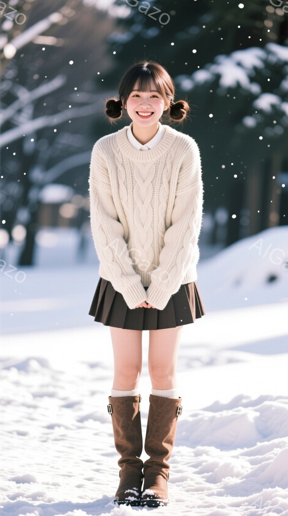 明るい笑顔の若い女性が雪景色の中に立っています。オフホワイトのケーブルニットセーターと、プリーツのミニスカート、そして茶色のショートブーツを身に着けています。髪はツインテールにしており、背景には雪に覆 - AI生成フリー素材