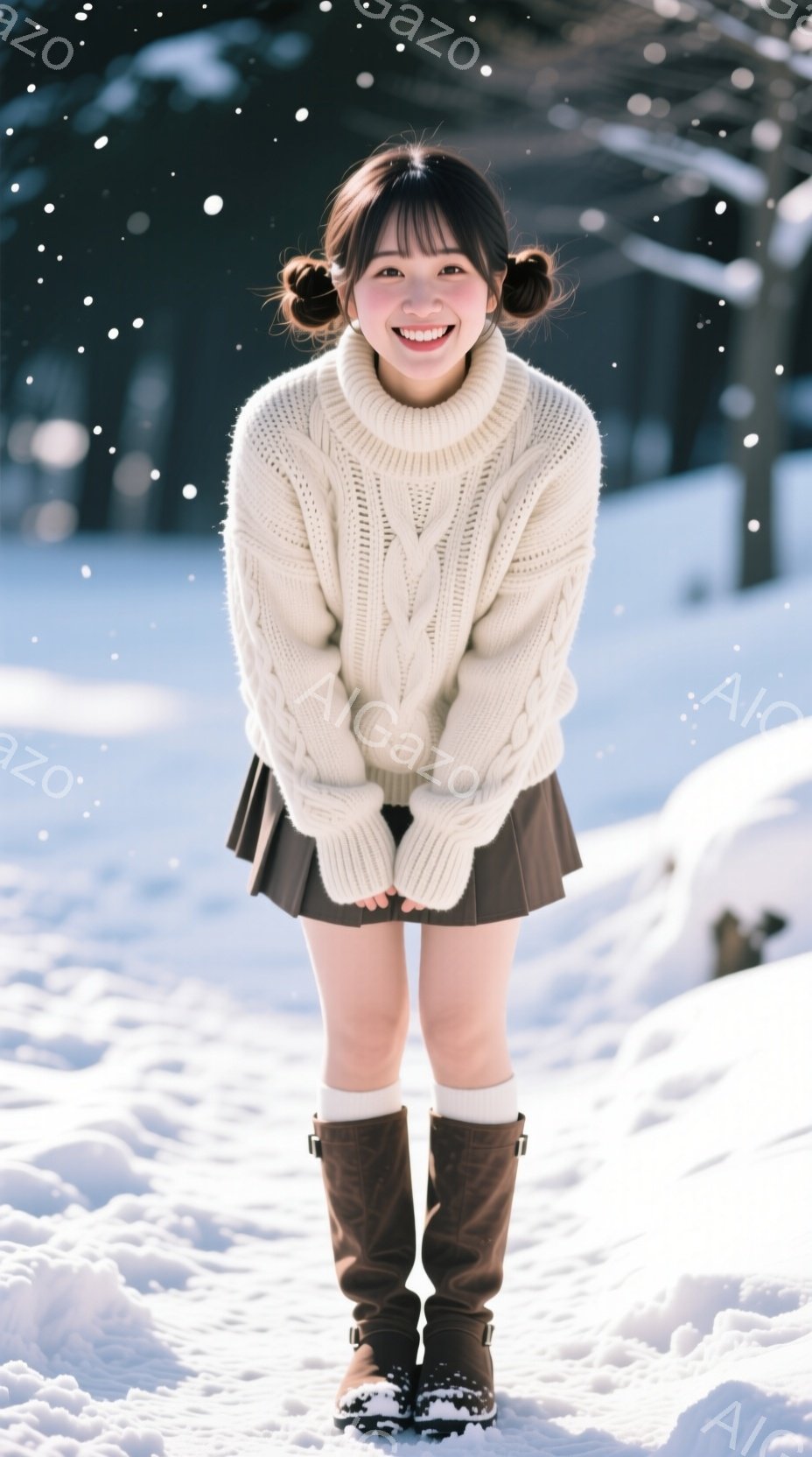 明るい笑顔の若い女性が雪景色の中に立っています。オフホワイトのケーブルニットセーターと茶色のプリーツスカート、白のニーハイソックス、茶色のブーツを着用し、髪は両サイドで二つに結ばれています。背景は雪に - AI生成フリー素材