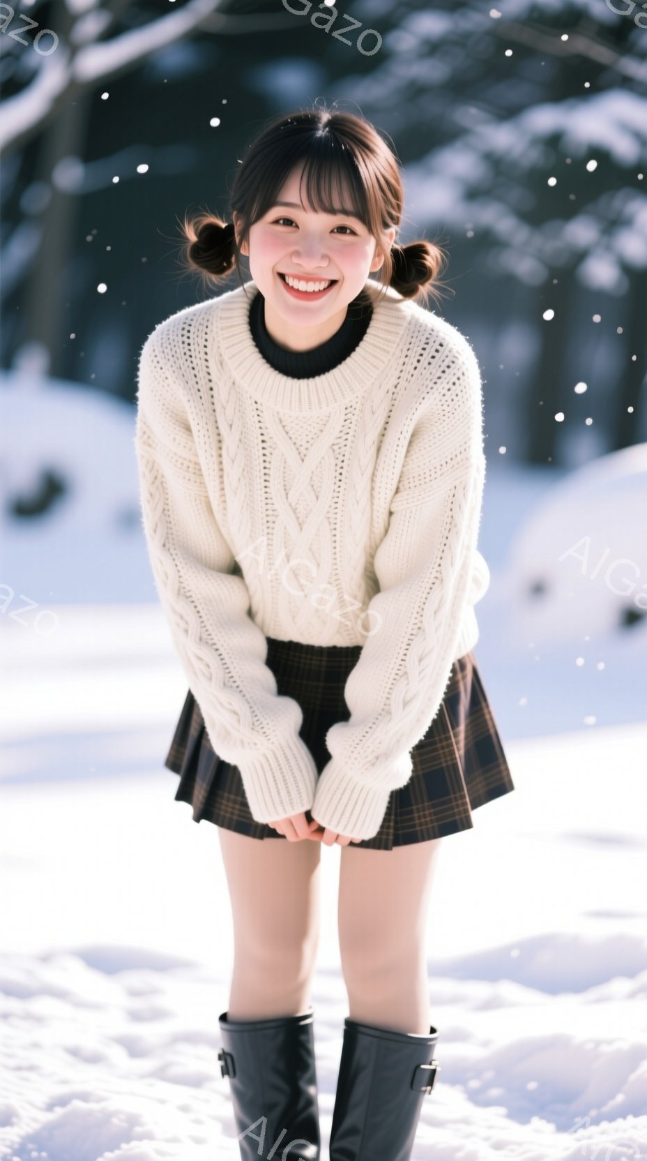 画像は、雪景色の中で微笑む若い女性を捉えています。彼女はオフホワイトのケーブルニットセーターとチェック柄のプリーツスカート、黒いロングブーツを着用し、髪はツインのお団子ヘアに整えられています。背景は雪 - AI生成フリー素材