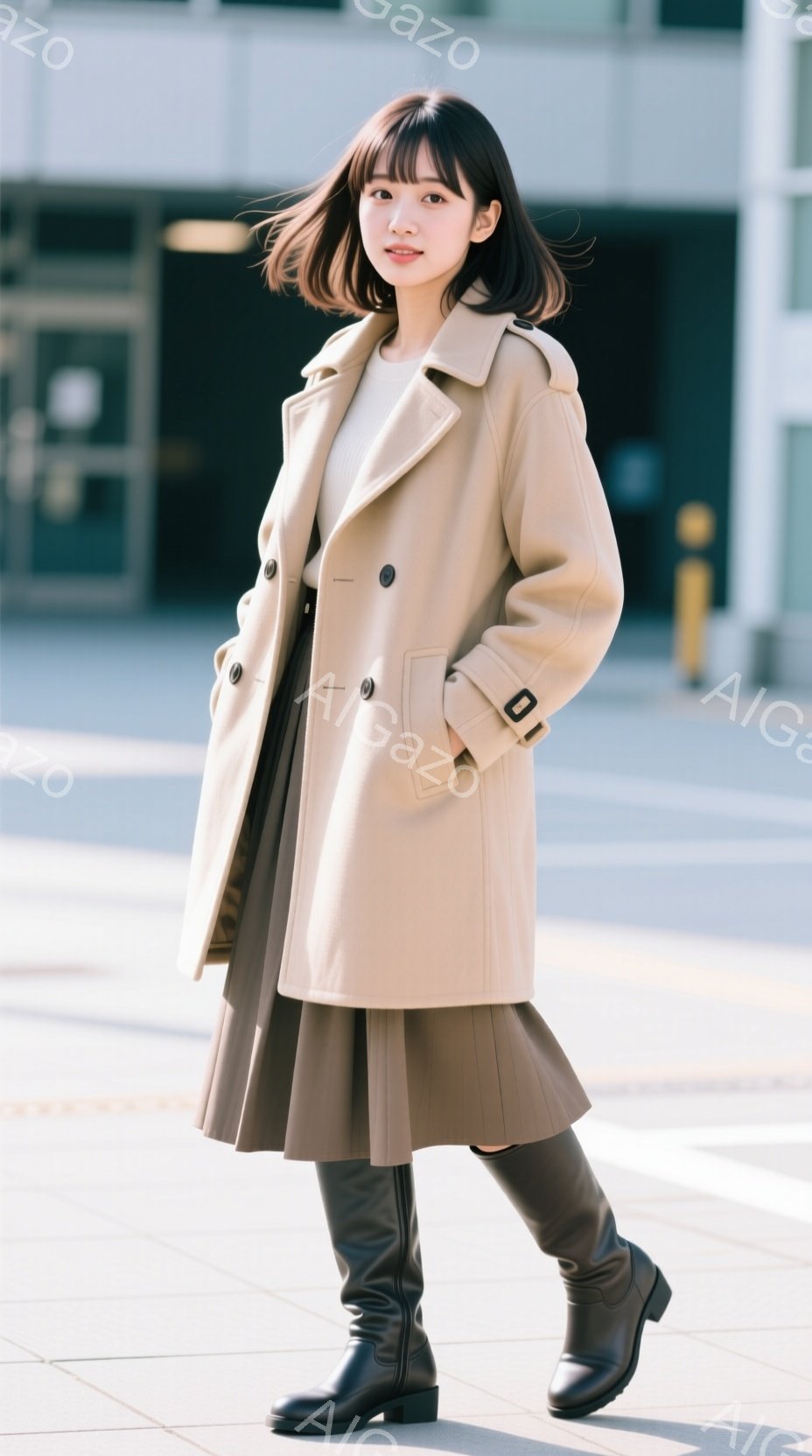 浅いベージュ色のトレンチコートを羽織った若い女性が写っています。ダークブラウンのプリーツスカートと黒いニーハイブーツを合わせ、控えめな笑顔を浮かべています。背景には近代的な建物が見え、晴れた日の穏やか - AI生成フリー素材