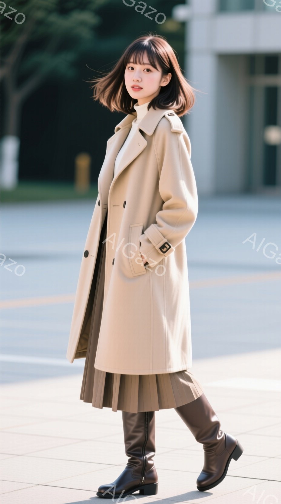 クリーム色のロングコートを羽織り、茶色のプリーツスカートとニーハイブーツを履いた女性が写っています。彼女は少し微笑んでおり、前を見つめながら歩いているように見えます。背景には明るい日差しの下、コンクリ - AI生成フリー素材