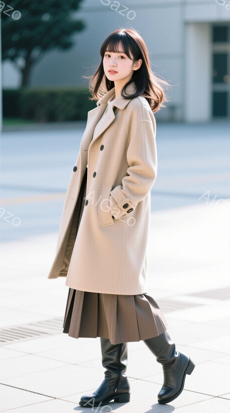 ベージュ色のロングコートを着た若い女性が、プリーツスカートと黒い膝丈ブーツを履いて立っている。彼女は軽く微笑み、前髪を下ろしたストレートヘアが特徴的である。背景には、シンプルな建物とグレーの舗装路があ - AI生成フリー素材