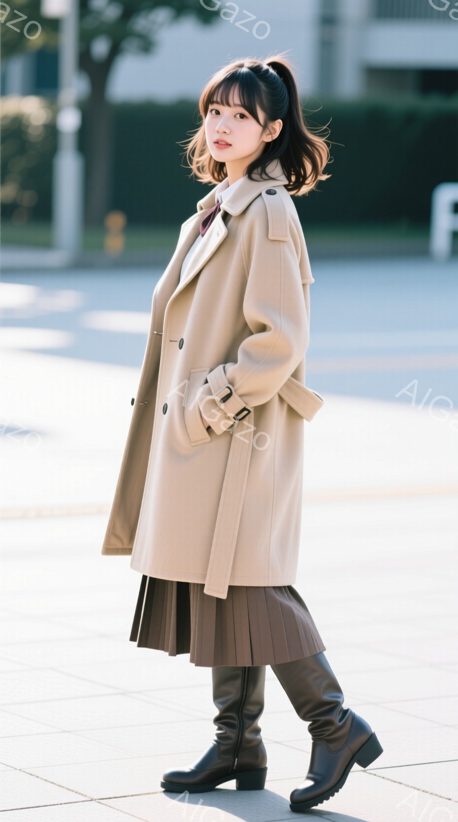 若い女性がベージュ色のトレンチコートとプリーツスカート、黒のブーツを着用し、屋外でポーズをとっています。彼女は少し微笑んでおり、髪は肩のあたりで軽くカールしています。背景には、コンクリートの歩道と近代 - AI生成フリー素材