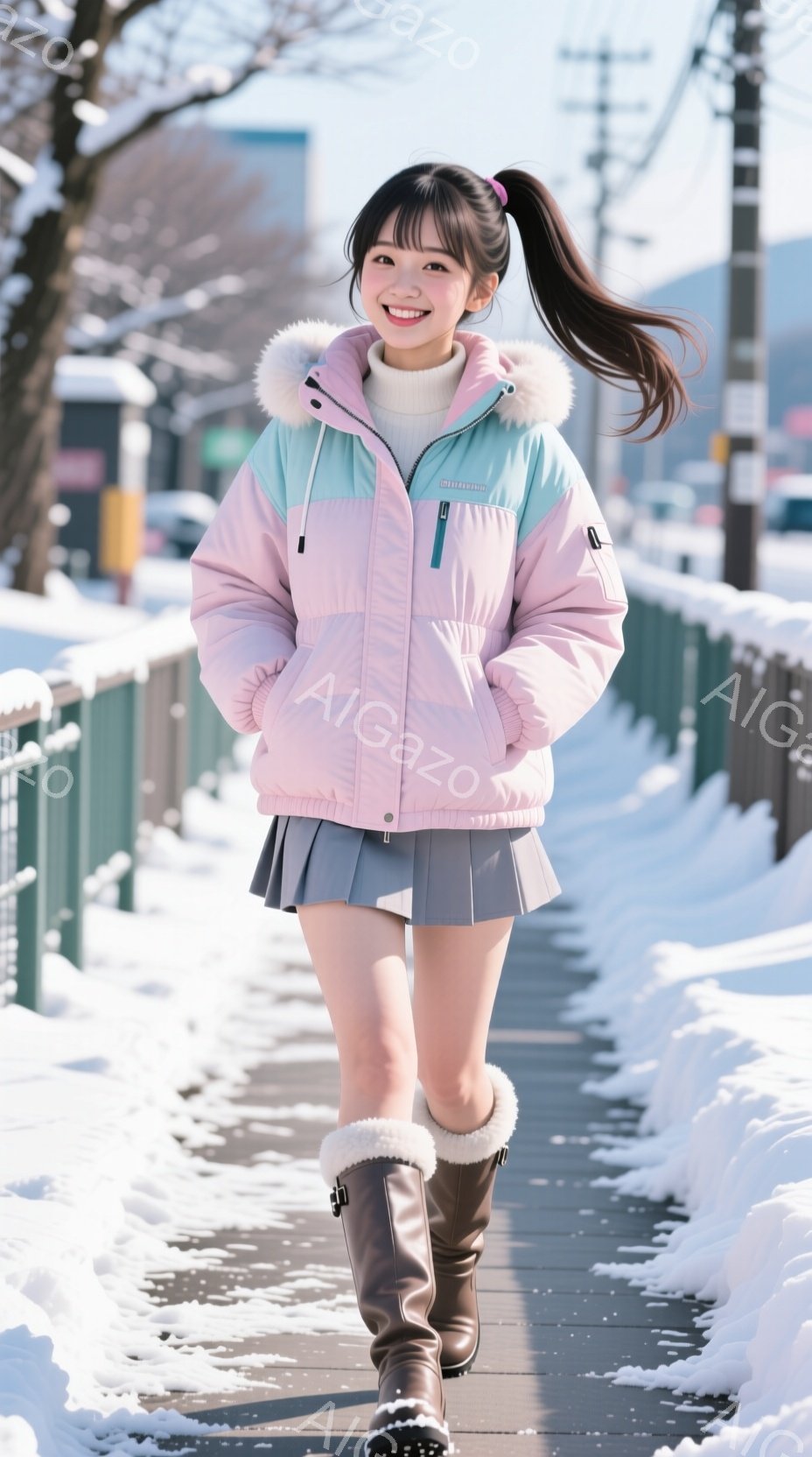 明るい笑顔の女性が、雪道の中を歩いている。ピンクと水色のダウンジャケットにグレーのプリーツスカート、そして茶色のブーツという冬らしい装いをしている。背景には雪に覆われた木々や道路、そして建物が見え、晴れた冬の日の明るく活気のある雰囲気が伝わってくる。