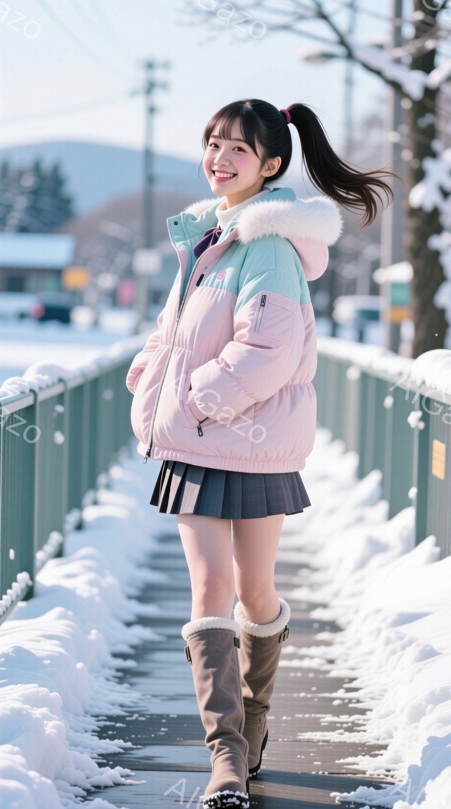 若い女性が雪の中の橋の上を歩いている。彼女はピンクと水色のパステルカラーのウィンドブレーカー、黒のプリーツスカート、そしてファーがアクセントのブーツを着用しており、ポニーテールで髪をまとめて笑顔を見せ - AI生成フリー素材