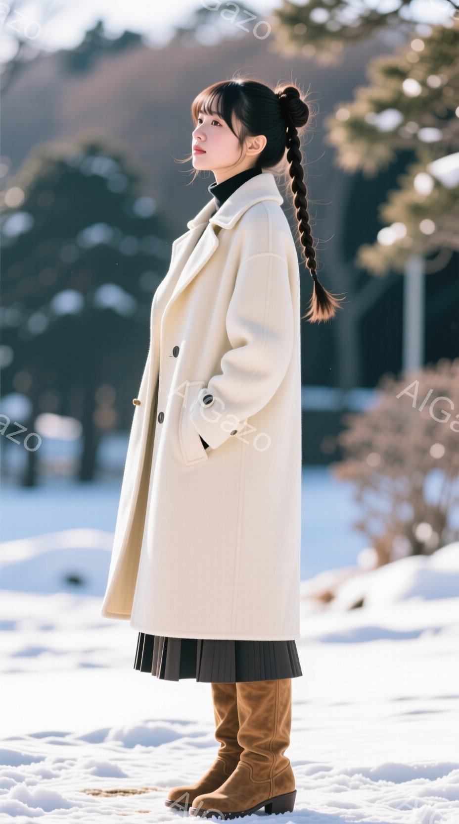 白いロングコートを羽織った女性が、雪景色の中に立っている。彼女は黒いスカートと茶色の膝丈ブーツを履いており、髪は後ろで三つ編みにしている。背景には木々が見え、雪が積もっていることから冬の日の穏やかな雰 - AI生成フリー素材
