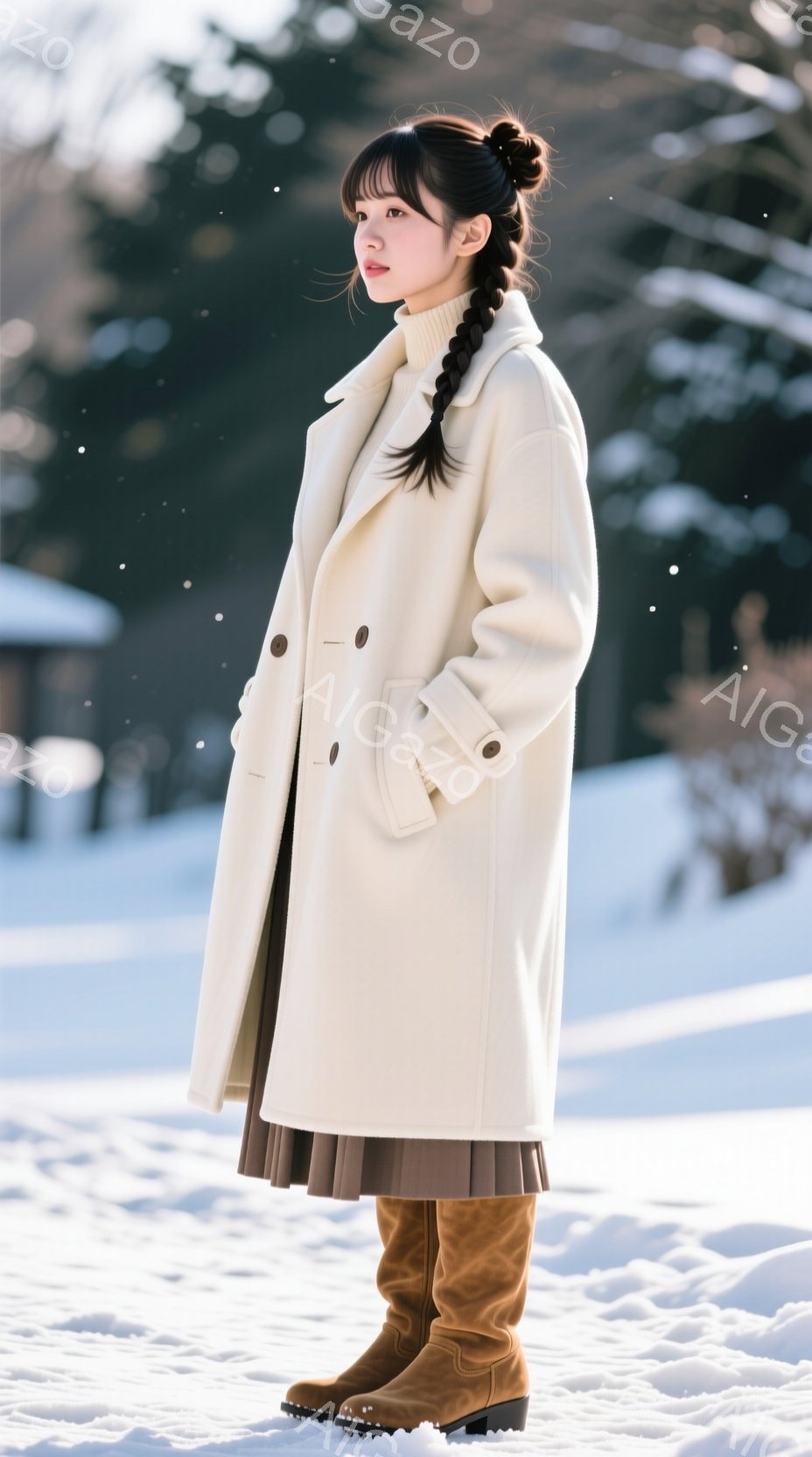 長いオフホワイトのコートを羽織った女性が、茶色のプリーツスカートとブラウンのブーツを履いて雪景色の中に立っています。彼女は髪を後ろで編み込み、少し微笑んだ表情で、優雅で落ち着いた雰囲気を醸し出していま - AI生成フリー素材