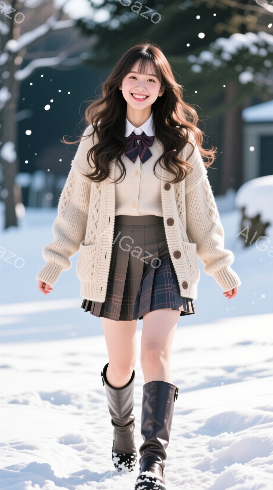 明るい笑顔を見せる若い女性が、雪景色の中を歩いています。彼女は、オフホワイトのケーブルニットカーディガン、チェック柄のプリーツスカート、そして膝丈の茶色のブーツを着用し、髪はロングでウェーブがかかっています。背景には雪に覆われた建物と木々があり、全体的に冬の暖かく、明るい雰囲気が漂っています。
