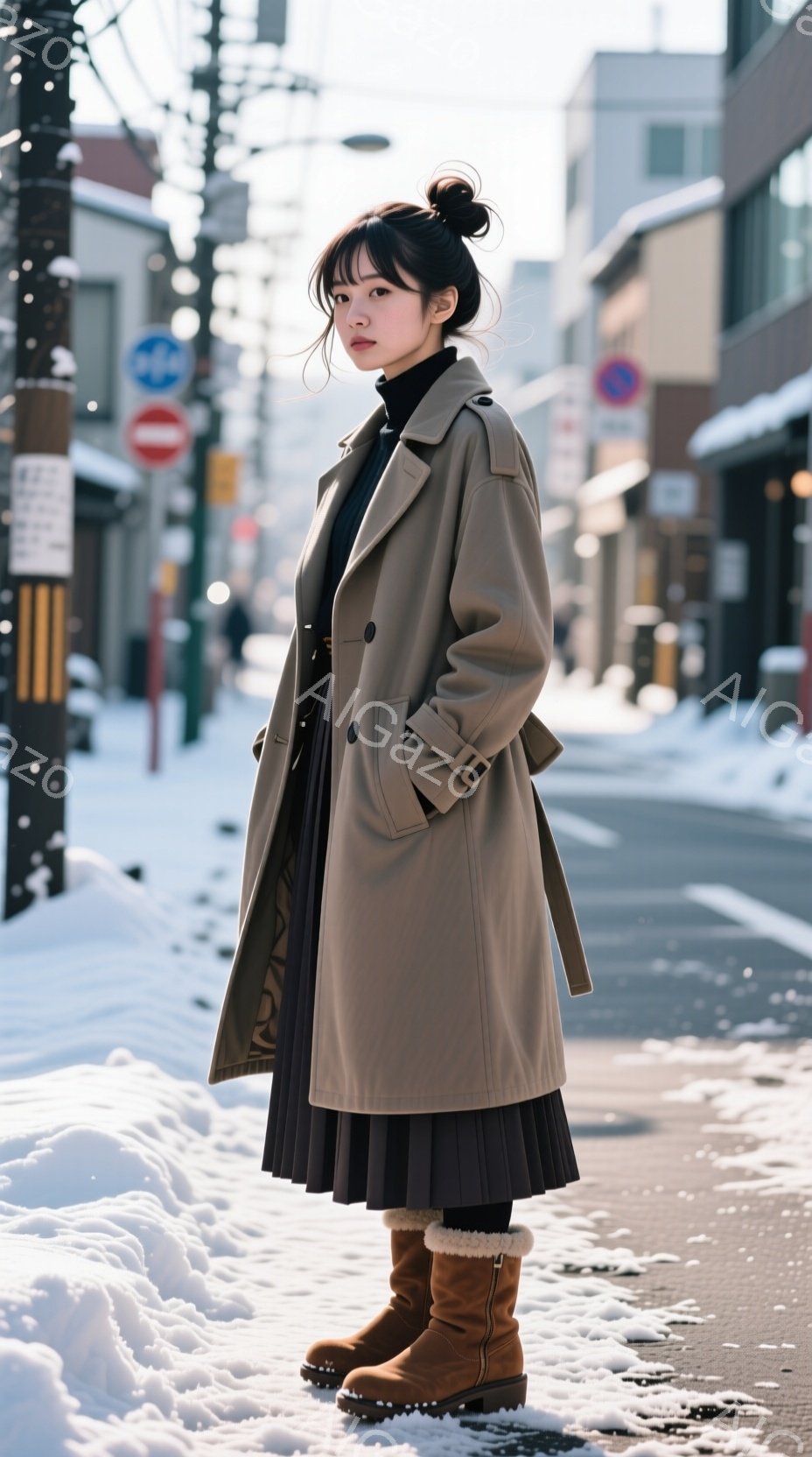 長いベージュ色のトレンチコートを着た女性が、プリーツスカートとブーツを履いて立っている。彼女は暗い髪をハーフアップにし、少し微笑んだ表情をしている。背景には雪が積もった道路と建物があり、冬の冷たい雰囲気が漂っている。