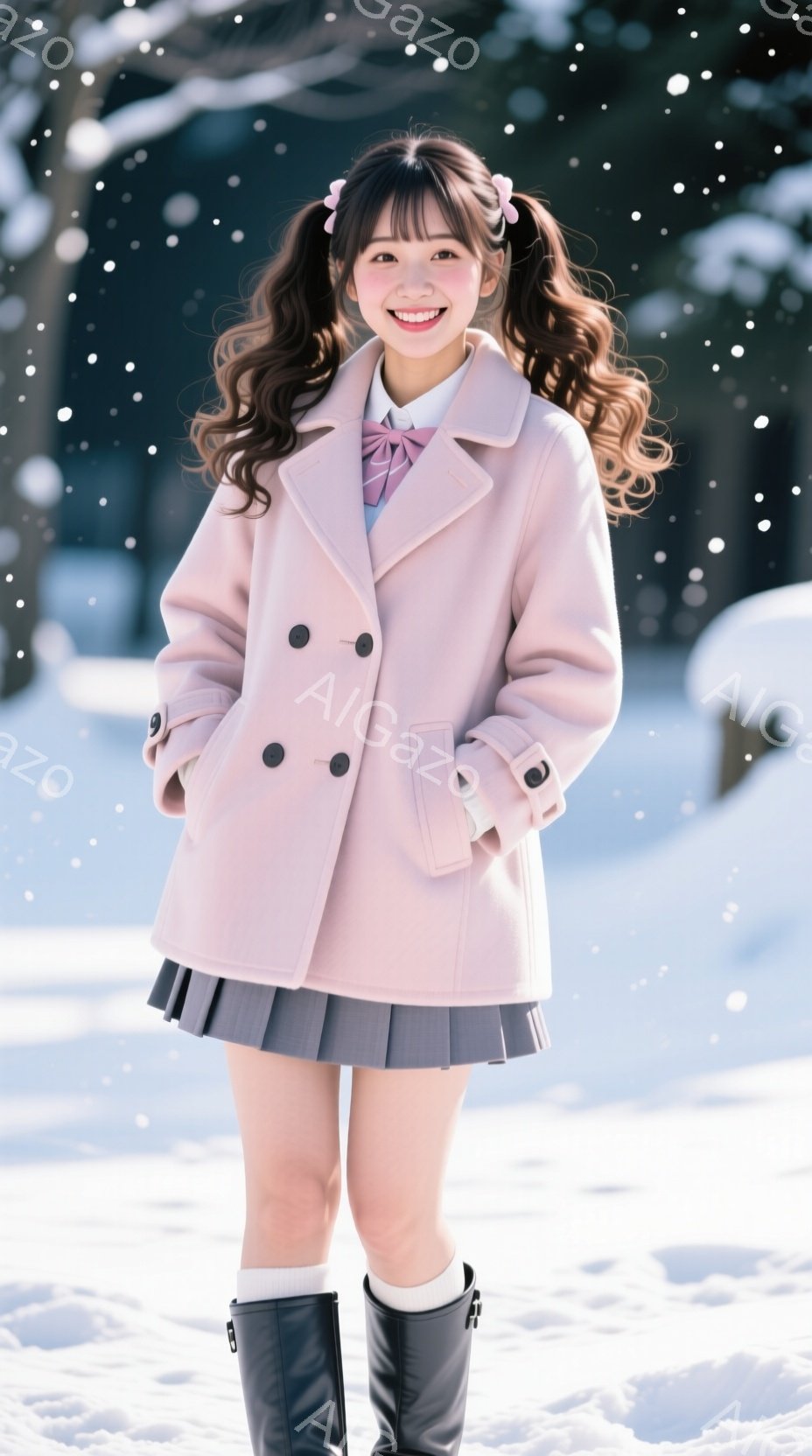 ピンク色のコートとグレーのプリーツスカートを身につけた若い女性が、雪景色の中で微笑んでいます。彼女は髪を二つに結び、黒いブーツを履いており、明るい表情でカメラを見つめています。背景には雪に覆われた木々 - AI生成フリー素材