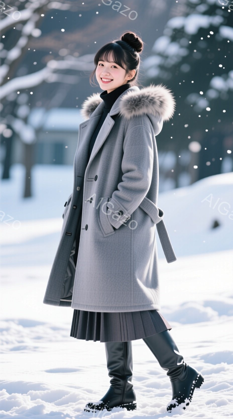 長いグレーのコートを着た女性が、雪景色の中でポーズを取っています。彼女は黒いスカートとブーツを履き、髪を後ろでまとめ、微笑んでいます。背景には雪に覆われた木々と建物があり、全体的に冬の穏やかな雰囲気が - AI生成フリー素材