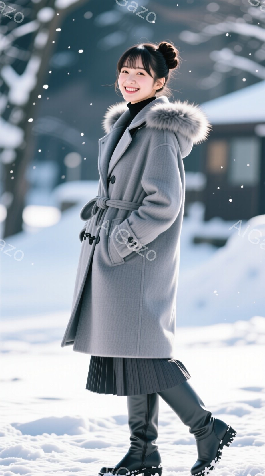 長いグレーのコートを着た女性が、雪景色の中で立っています。彼女は黒いプリーツスカートと膝丈のブーツを履き、髪は後ろでまとめられています。笑顔で、コートのファーが印象的で、背景にはぼやけた建物と雪景色が - AI生成フリー素材
