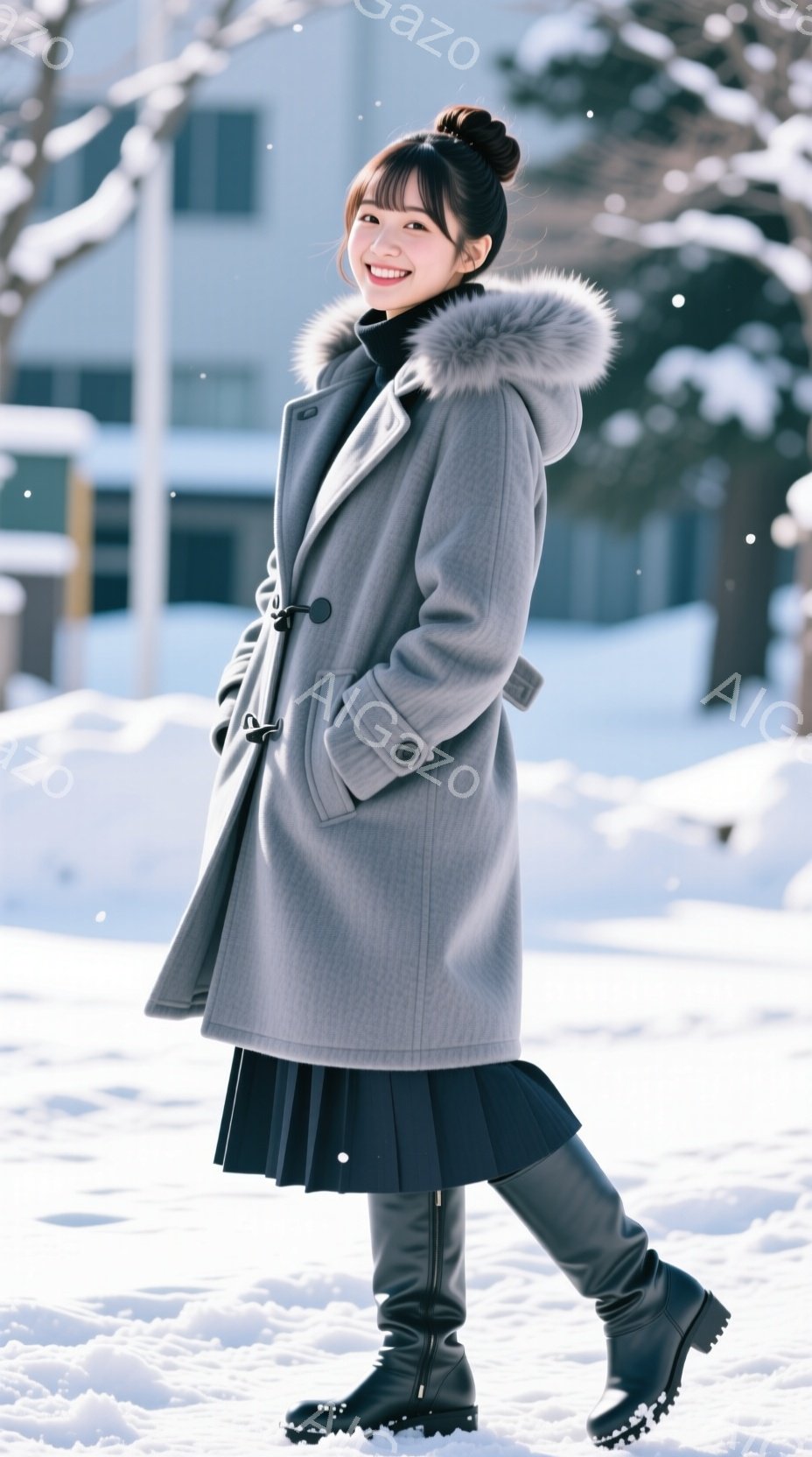 雪景色の中に立つ若い女性が写っています。彼女はグレーのウールコート、黒のプリーツスカート、膝丈の黒いブーツを着用し、髪を後ろでまとめ、微笑んでいます。背景には建物が見え、雪が舞い散る冬の穏やかな雰囲気 - AI生成フリー素材
